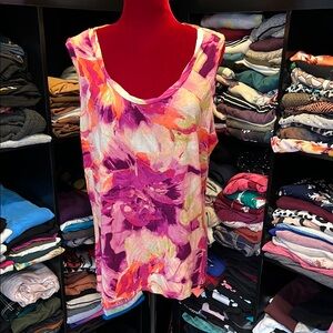 #208. 🪷Floral Sleeveless Top - Pink and Orange. 3x